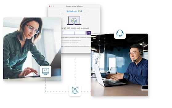 A woman and a man, both using laptops, appear in separate locations. The man wears a headset. Icons and a software interface suggest they are connecting remotely for IT support or collaboration.