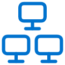Blue icon of three computer monitors connected in a triangular network, representing a computer network or networked computers, on a light gray background.
