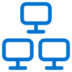 Blue icon of three computer monitors connected in a triangular network, representing a computer network or networked computers, on a light gray background.