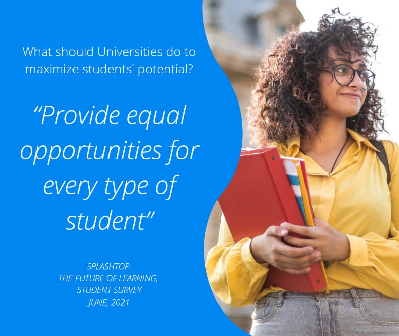 A young woman with curly hair and glasses, holding books and a backpack, stands outdoors smiling. Text beside her discusses maximizing students potential by providing equal opportunities for every type of student.