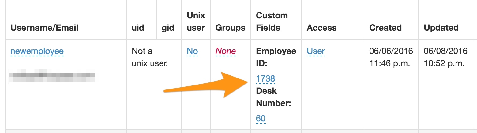 Screenshot showing employee ID and user number under custom fields