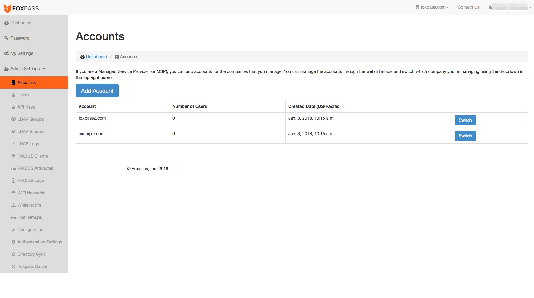 Screenshot of the Managed Service Providers interface