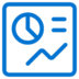Blue icon of a dashboard displaying a pie chart, two horizontal lines, and an upward-trending line graph, all inside a square frame on a light background.