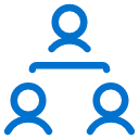 Blue icon of three people connected by a line, arranged in a triangle, symbolizing communication, teamwork, or collaboration on a light gray background.