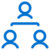 Blue icon of three people connected by a line, arranged in a triangle, symbolizing communication, teamwork, or collaboration on a light gray background.