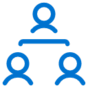 Blue icon of three people connected by a line, arranged in a triangle, symbolizing communication, teamwork, or collaboration on a light gray background.