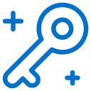 A simple blue outline of a key with two plus signs, one above and one below the key, on a light gray background.