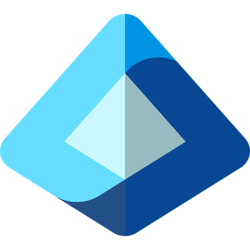 Abstract geometric logo with overlapping blue diamond shapes in varying shades, forming a layered, three-dimensional effect on a light background.