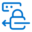 A blue icon showing a padlock, a left-pointing arrow, and a speech bubble, symbolizing secure messaging or protected communication.