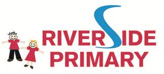 Logo for Riverside Primary with stylized blue letter S and two cartoon children in red outfits, one with spiky black hair and the other with yellow hair, both smiling.