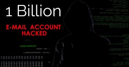 Silhouette of a hacker with text '1 Billion E-Mail Account Hacked' highlighting cyber security risks