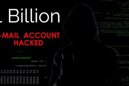 Silhouette of a hacker with text '1 Billion E-Mail Account Hacked' highlighting cyber security risks