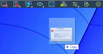 A computer desktop with a blue background displays a small error message window in the center. At the top is a dark toolbar with various icons, including a monitor, exclamation mark, eye, sliders, and green circle.