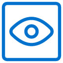 A blue outline of an eye inside a blue square border on a light gray background, resembling an icon for visibility or view.