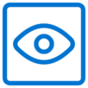 A blue outline of an eye inside a blue square border on a light gray background, resembling an icon for visibility or view.
