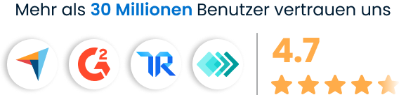 Mehr als 30 Millionen Nutzer vertrauen uns, und wir haben eine Bewertung von 4,7 von 5 Sternen auf Capterra, G2, TrustRadius und GetApp.