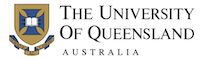 The University of Queensland Australia logo featuring a blue and gold shield with a white cross and an open book, alongside the universitys name in uppercase letters.