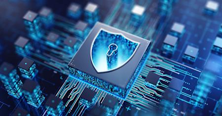 A shield with a lock icon on a glowing circuit board, symbolizing cybersecurity trends and data protection.