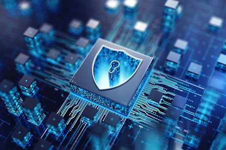A shield with a lock icon on a glowing circuit board, symbolizing cybersecurity trends and data protection.