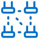 A simple blue icon showing four network nodes connected in a square with dashed lines, representing a decentralized or distributed network.