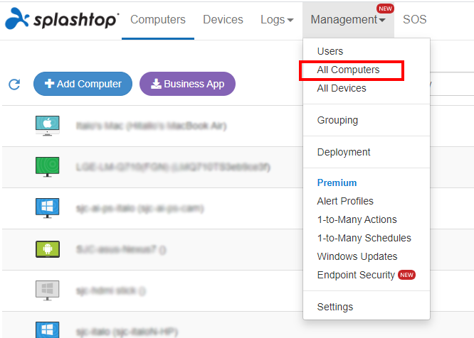 Screenshot of the Splashtop web interface showing the Management menu expanded, with All Computers highlighted in red. The left sidebar includes computer device icons and names.