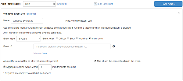 Screenshot of a software interface for configuring a Windows Event Log alert. It includes fields for profile name, event type, event level, event ID, and email options, with buttons to add alerts and edit the email list.