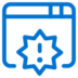 Blue outline icon of a web browser window with a starburst shape containing an exclamation mark in front, indicating an error or warning notification on a website.