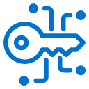 A blue icon of a key surrounded by abstract circuit lines, representing digital security or cybersecurity.