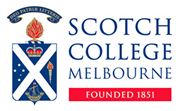 Scotch College Melbourne logo with a crest featuring a red torch, blue shield, white X, and motto. Text reads Scotch College Melbourne and Founded 1851 in a red box.