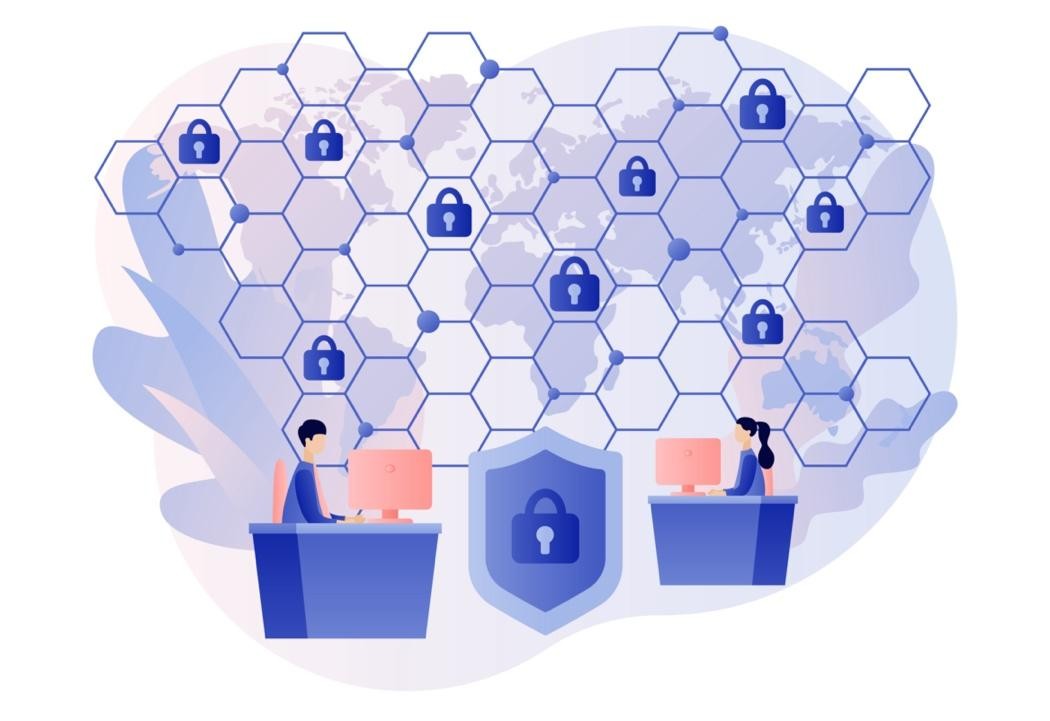 Photo showing a grid connecting devices, with locks indicating protected data.