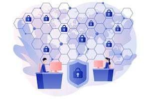 Photo showing a grid connecting devices, with locks indicating protected data.