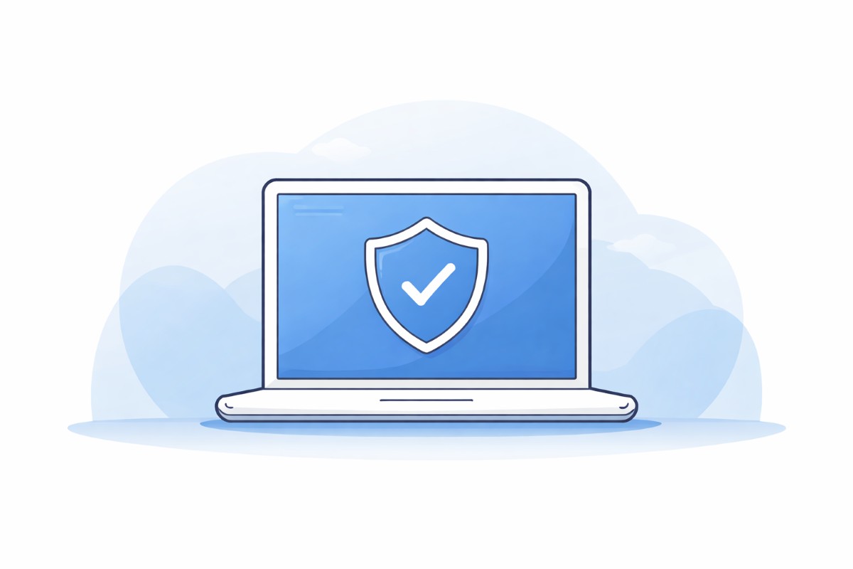 A computer with a checkmark icon in a secure shield illustrated successful patch installation.