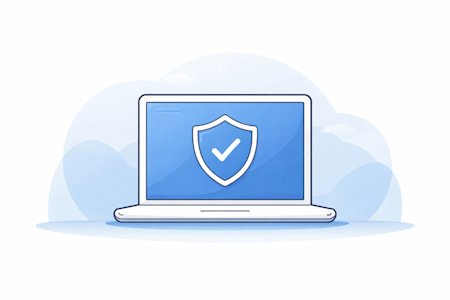 A computer with a checkmark icon in a secure shield illustrated successful patch installation.