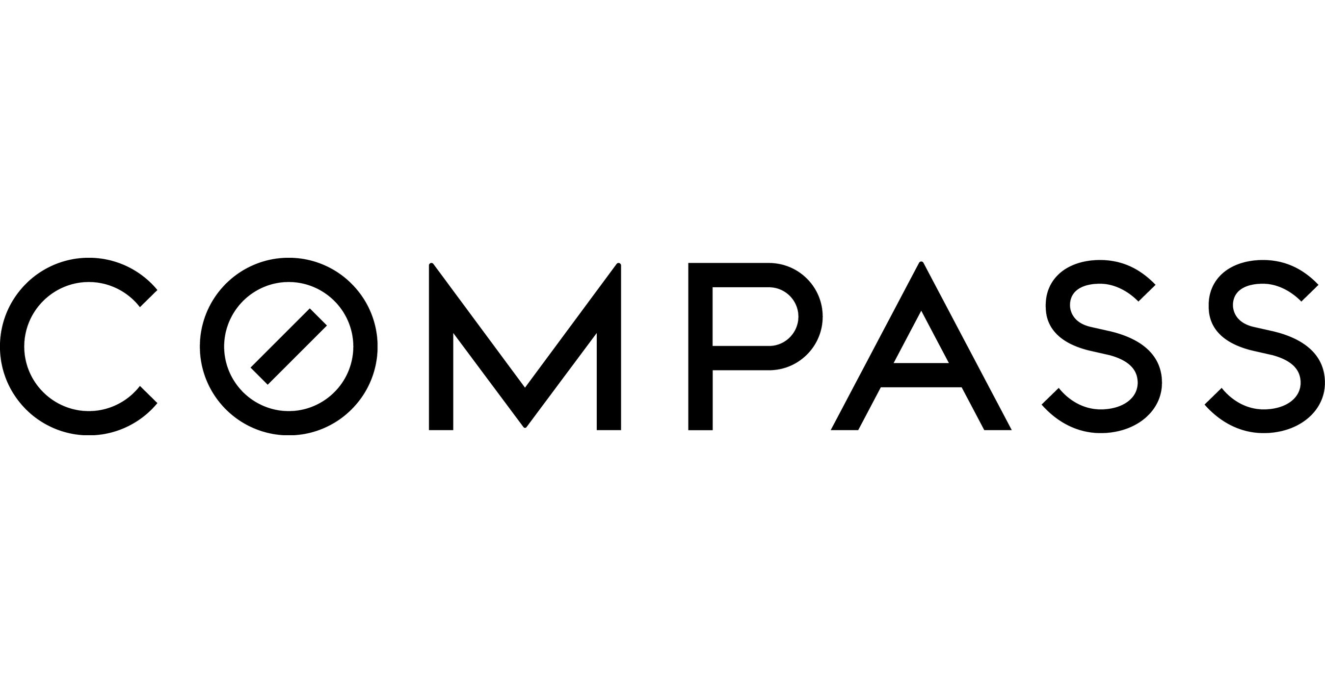 The image displays the word COMPASS in bold, black, uppercase letters. The O is stylized with a diagonal line inside it, resembling a compass needle. The background is white.