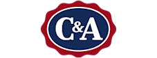 The C&A logo features white C&A letters on a dark blue oval background, surrounded by a red scalloped border.