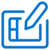 A blue icon of a pencil poised over a rectangular form or document, symbolizing editing or writing, on a light gray background.