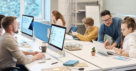 Several people working on their computers in an office.