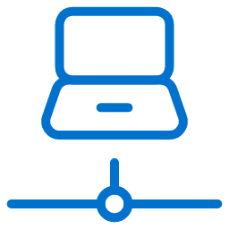 Blue outline icon of an open laptop connected to a network node below, symbolizing a computer linked to a network. The background is light gray.