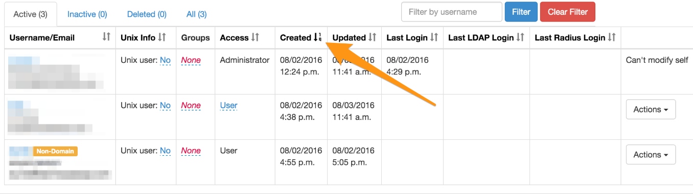 A screenshot of Foxpass's user table sorting