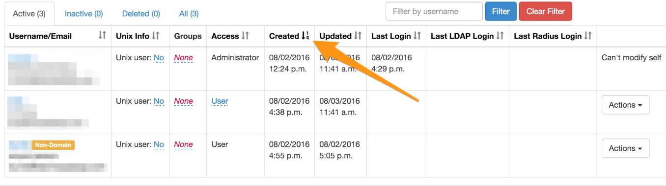 A screenshot of Foxpass's user table sorting