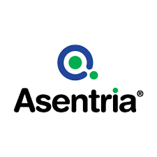 The Asentria logo featuring a stylized blue circular design with a green dot and a small green circle, above the word Asentria in black bold text on a white background.