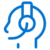 Blue outline icon of a person’s head wearing a headset with a microphone, symbolizing customer support or a call center representative, on a light gray background.