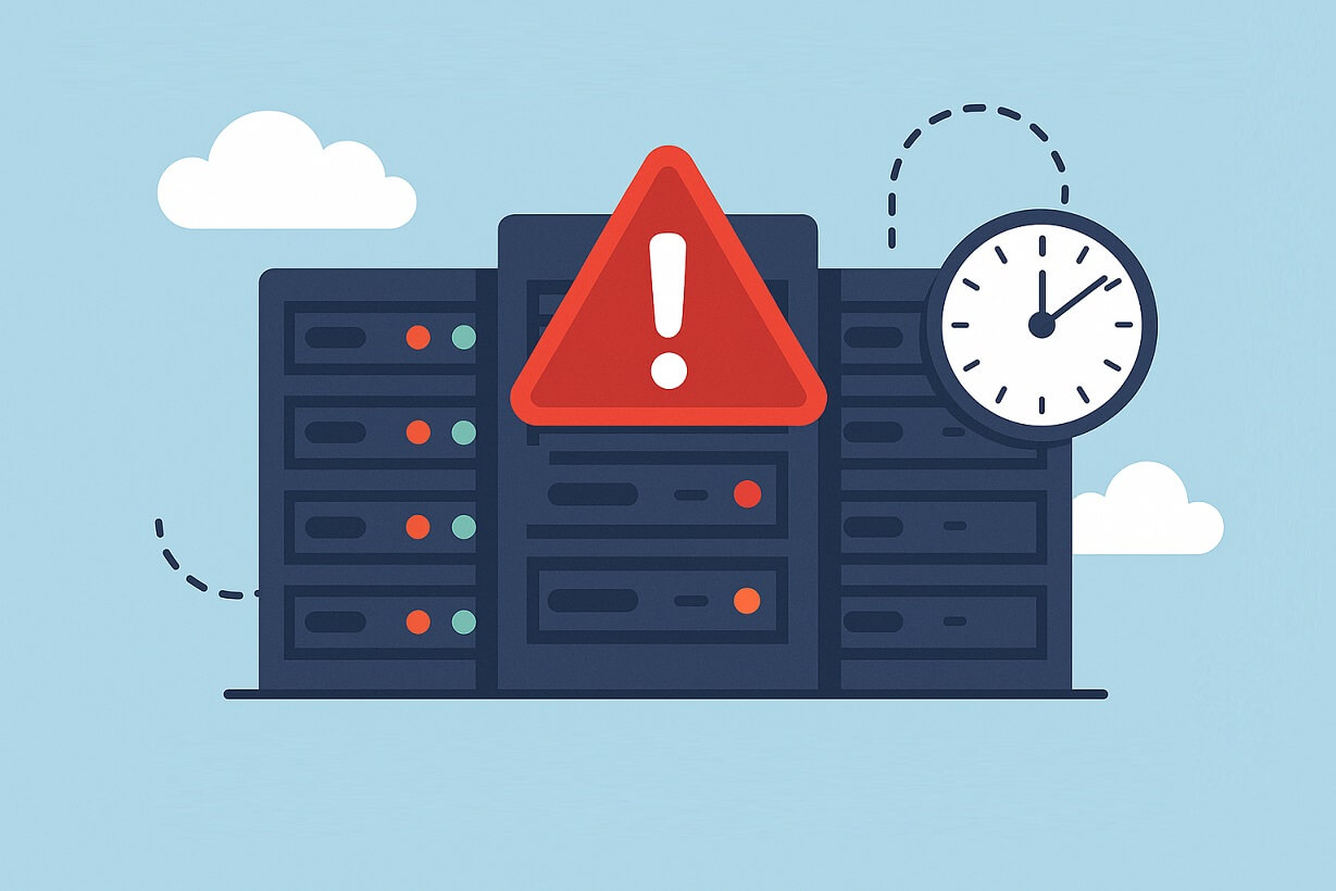 Illustration of server racks with a red warning triangle and exclamation mark, a clock, and clouds in the background, representing a server outage or downtime issue.