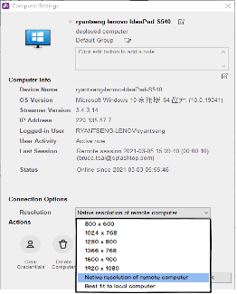 A computer settings window displays system details and connection options, with a dropdown menu open showing various screen resolution options for a remote computer, including “Native resolution of remote computer.”.
