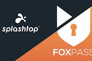 A split background shows the Splashtop logo and text on a dark side, and the Foxpass logo with a keyhole symbol and text on an orange side.