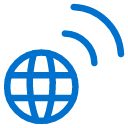 Blue icon of a globe with grid lines on the left and two curved lines above it on the right, representing a wireless internet or global network connection.