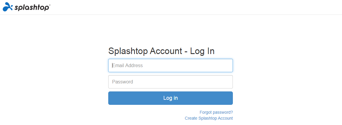 Screenshot of the Splashtop login page with fields for email address and password, a blue Log in button, and links for Forgot password? and Create Splashtop Account.