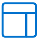 Blue outline of a rectangular layout icon, featuring one large section on the left and two smaller stacked sections on the right, representing a webpage or app content structure.
