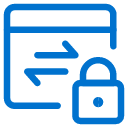 Blue icon of a webpage with two arrows pointing in opposite directions, next to a padlock, representing secure data transfer or protected online communication.