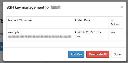 A screenshot of the SSH key management feature